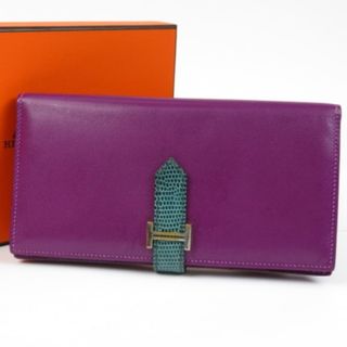 エルメス(Hermes)のHERMES エルメス ベアンスフレ　トカゲ　バイカラー　 長財布 リザード/ボックスカーフ パープル T刻印【中古】(長財布)