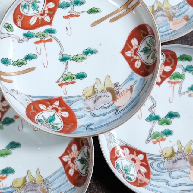 水鳥が可愛い◇古伊万里 花文赤絵金彩六寸皿5客 骨董品 antiques