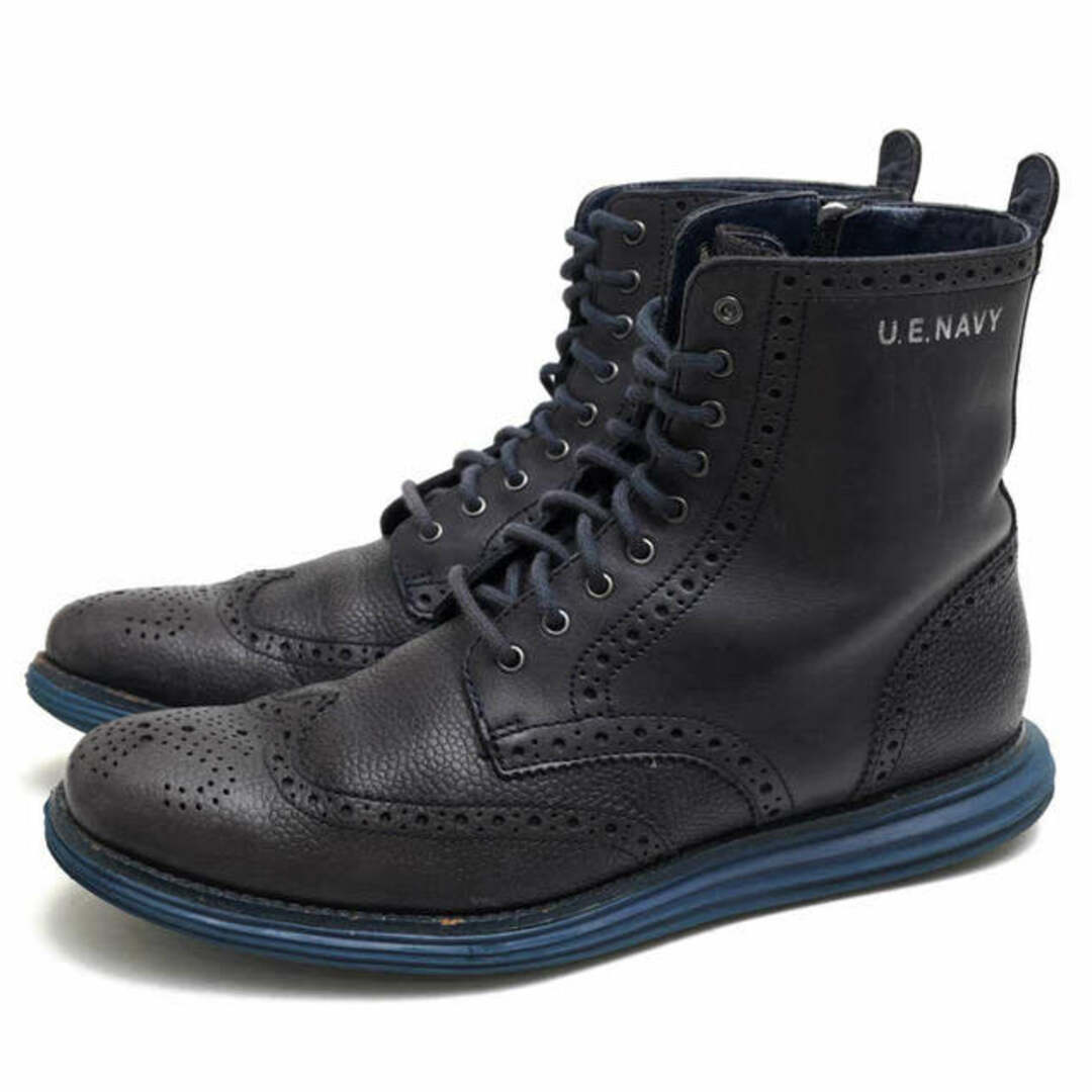 コールハーン／COLE HAAN サイドジップブーツ シューズ 靴 メンズ 男性 男性用レザー 革 本革 ネイビー 紺  C13741 LUNARGRAND ZIP WG BOOTS ルナグランド メダリオン ウイングチップ シボ革 シュリンクレザー靴/シューズ