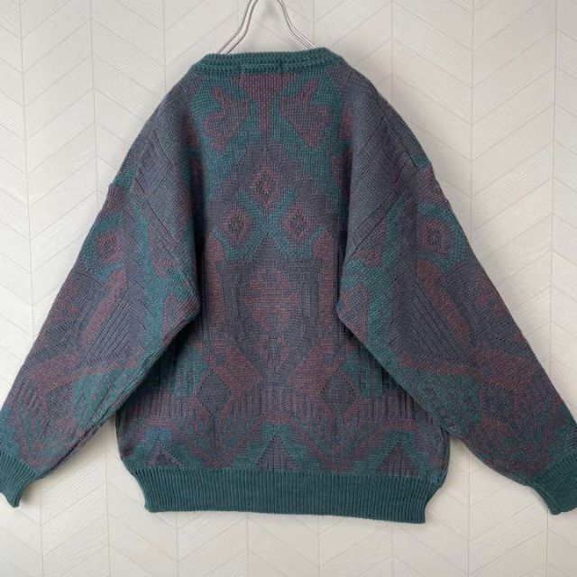 希少 くすみカラー 90s 3D ニット 幾何学柄 総柄 セーター ゆるだぼ