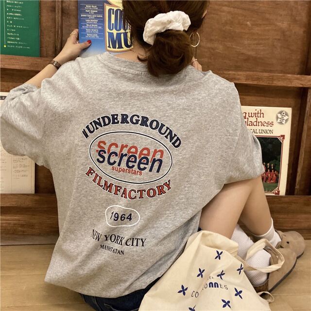 バック ロゴ プリント 半袖 Tシャツ ビッグシルエット トップス オルチャン トップス バックプリント Tシャツ レトロ 子供服 半袖 韓国 オルチャン