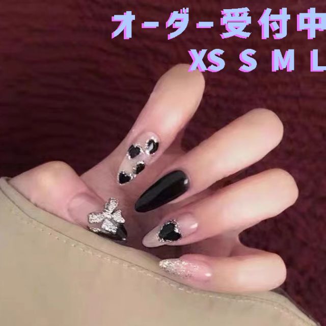 ♡オーダーネイル♡リボン×ハートスウィング×ビジューネイル♡ピンクラメ×黒ラメ♡つけ爪/ネイルチップ