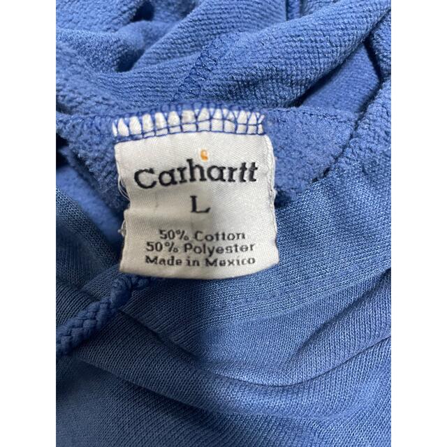 carhartt(カーハート)のCarhartt フーディー　パーカー　裏起毛　プリント　青　ポリコットン　古着 メンズのトップス(パーカー)の商品写真