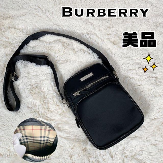 【美品】バーバリー ショルダーバッグ ノバチェック 黒 ナイロン レザー