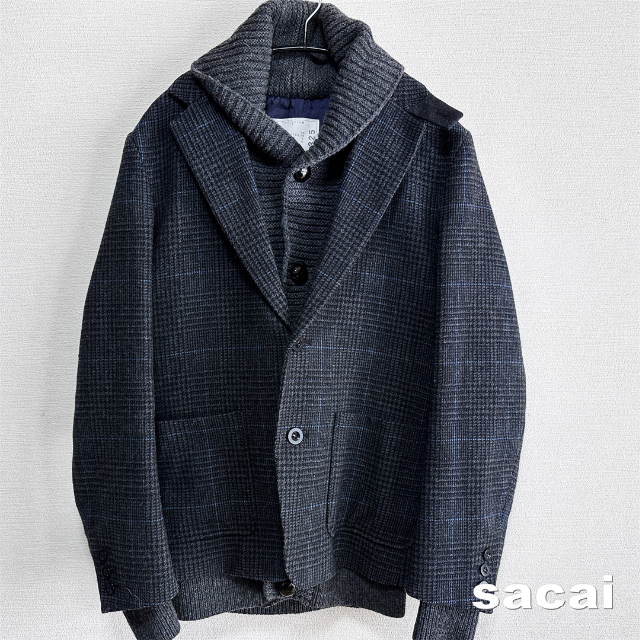 sacai(サカイ)の【sacai】サカイ グレンチェック リブニット ウール ドッキング ジャケット メンズのジャケット/アウター(テーラードジャケット)の商品写真