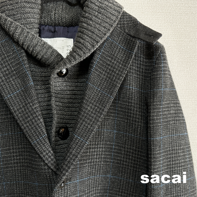 sacai(サカイ)の【sacai】サカイ グレンチェック リブニット ウール ドッキング ジャケット メンズのジャケット/アウター(テーラードジャケット)の商品写真