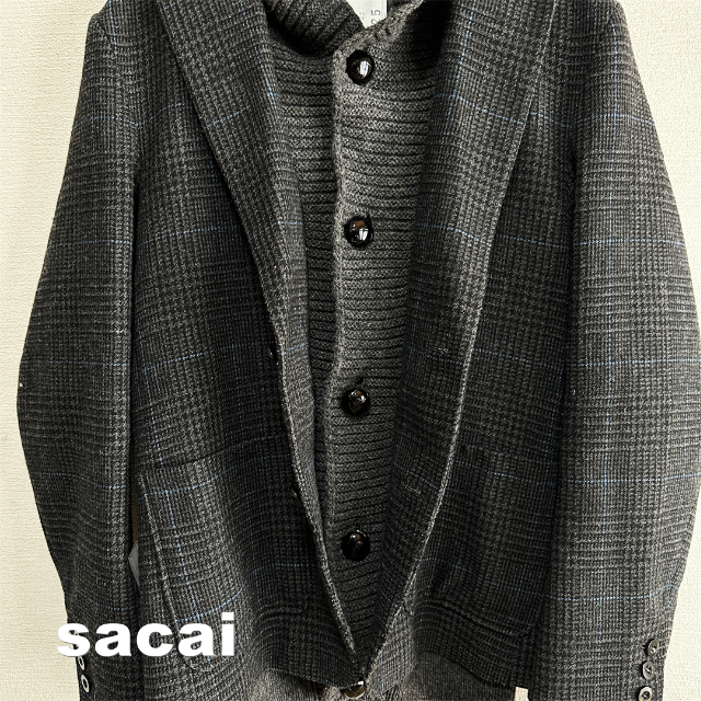 sacai(サカイ)の【sacai】サカイ グレンチェック リブニット ウール ドッキング ジャケット メンズのジャケット/アウター(テーラードジャケット)の商品写真