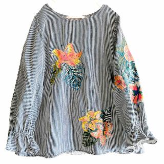 ザラ(ZARA)のZARA ザラ　花柄　刺繍　デニム　カットソー(カットソー(長袖/七分))