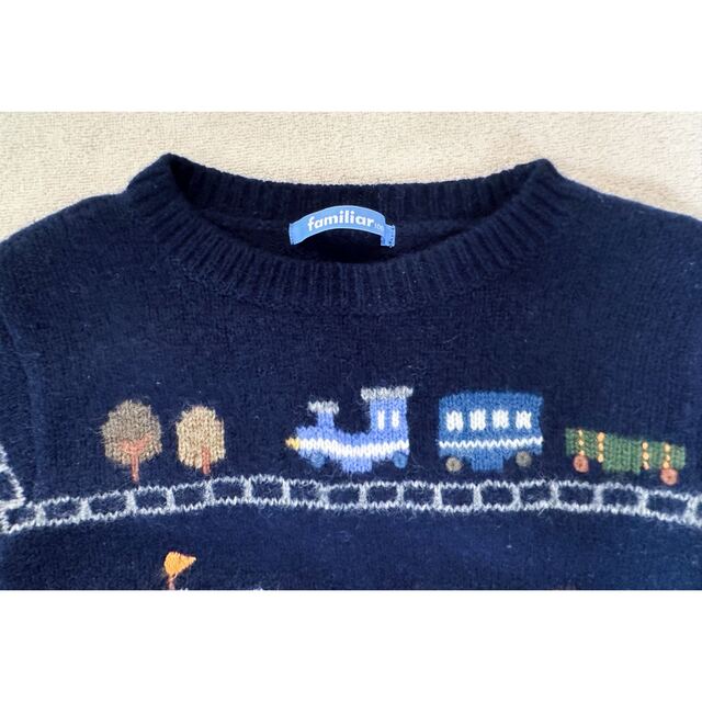 familiar 定番乗り物と線路柄、立体刺繍セーター 100(90〜)