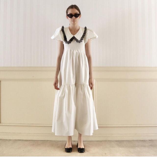 lace collar gather tiered onepiece whiteレディース