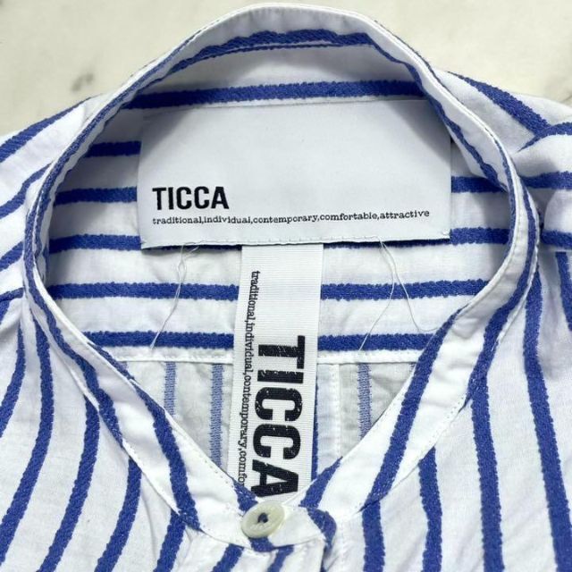 TICCAティッカ バンドカラー ストライプシャツ ブラウス 青×白