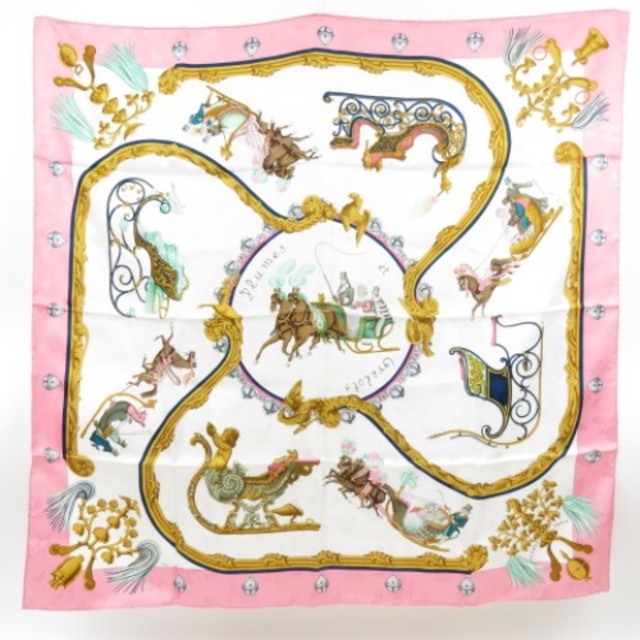 綺麗 HERMES エルメス カレ90 羽飾りと鈴 馬 スカーフ シルク ピンク