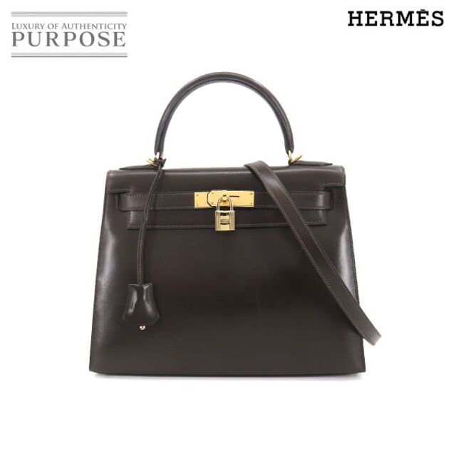 エルメス HERMES ケリー 28 2way ハンド ショルダー バッグ ボックスカーフ レザー エベンヌ □E刻印 外縫い ゴールド 金具 VLP 90170456