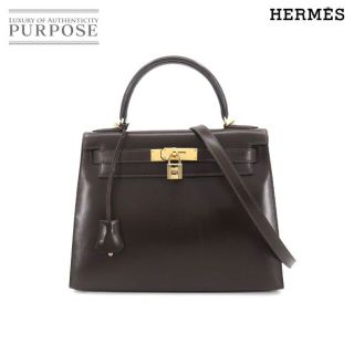 エルメス(Hermes)のエルメス HERMES ケリー 28 2way ハンド ショルダー バッグ ボックスカーフ レザー エベンヌ □E刻印 外縫い ゴールド 金具 VLP 90170456(ハンドバッグ)