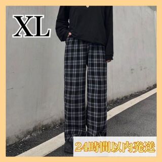 【XL】ワイドパンツ チェック サルエル ストレート パンツ ユニセックス 黒(サルエルパンツ)