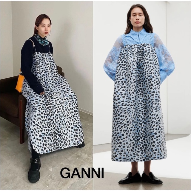 GANNI/レオパードキャミワンピース/アニマルジャカードドレス