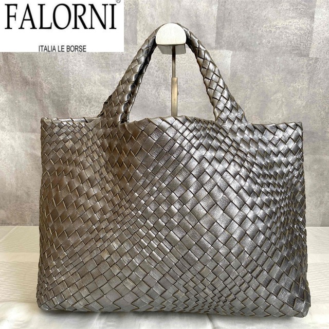 【美品】FALORNI イントレチャート シルバーグレー ラムレザーハンドバッグDonShop