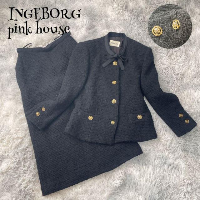 d38【インゲボルグ】ピンクハウス ツイード セットアップ 金ボタン リボン 黒 パンツスーツ上下 オンライン卸売