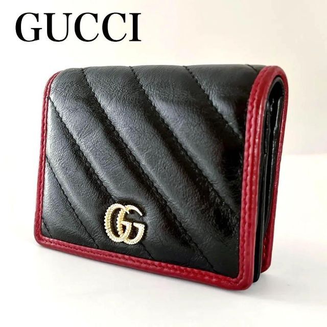 希少✽GUCCI グッチ GG マーモント 二つ折り 財布 ブラック レッド