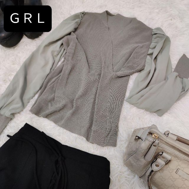 GRL(グレイル)のＧＲＬ【M】トップス　パフスリーブ　オリーブ　長袖　a273 レディースのトップス(Tシャツ(長袖/七分))の商品写真