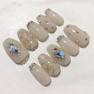 ネイルチップ 韓国 キルティング フレンチ ガーリー ワンホン ビジュー 量産型 コスメ/美容のネイル(つけ爪/ネイルチップ)の商品写真
