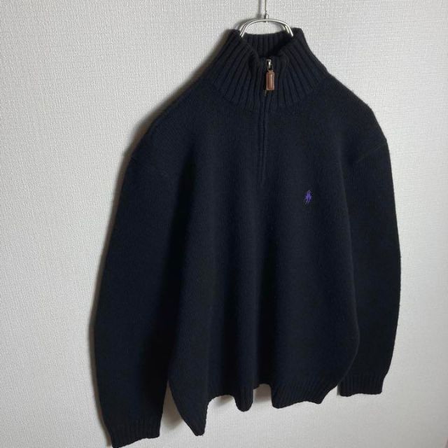 58cm【美品】ラルフローレン　ワンポイントロゴ刺繍　ハーフジップニット　セーター　黒