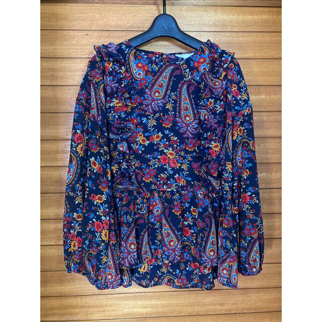 H&M シフォン 花柄 ペイズリー ネイビー ブラウス トップス フリル M