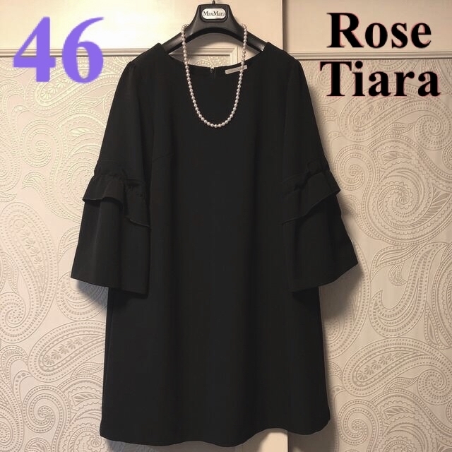 Rose Tiara - 46大きいサイズ ローズティアラ エレガント♡お袖フリル♡ゆったり黒ワンピースの通販 by ハクムギ's shop