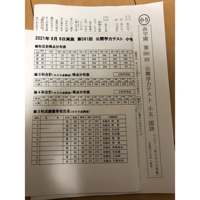 浜学園 小5 成績資料付き 公開学力テスト 2020、2021年度 4科目