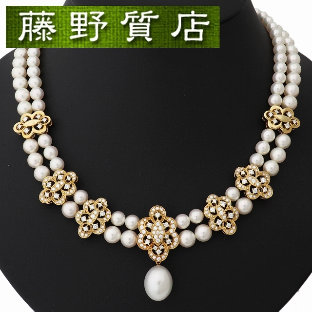 (美品) ミキモト　MIKIMOTO パール 2連 ダイヤ ネックレス　K18 YG × パール × ダイヤ 花 真珠 8720 | フリマアプリ  ラクマ