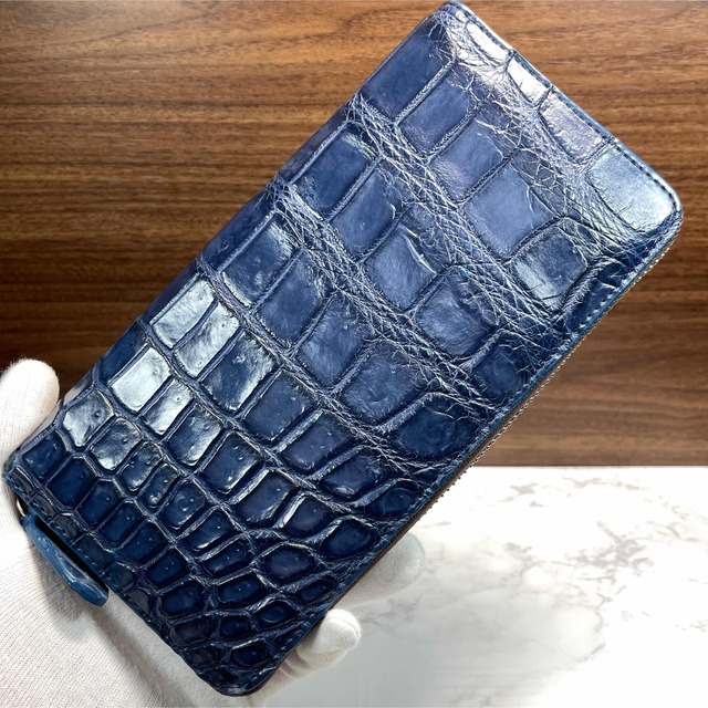 待望 本革 クロコダイル 長財布 ネイビー ワニ革 シルバージッパー