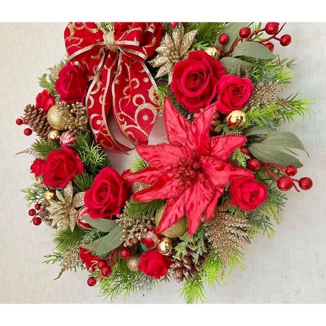 クリスマスリース　42㎝サイズ　赤い薔薇と赤いポインセチアのクリスマスリース