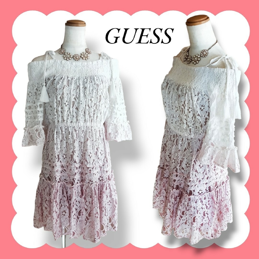 GUESS(ゲス)のGUESS ゲス レース オフショルダー ミニワンピース パーティドレス レディースのワンピース(ミニワンピース)の商品写真