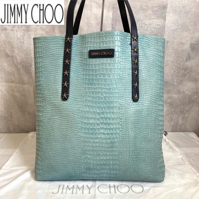 【美品】JIMMY CHOO PIMLICO N/S AQUA TOTEクロコ調