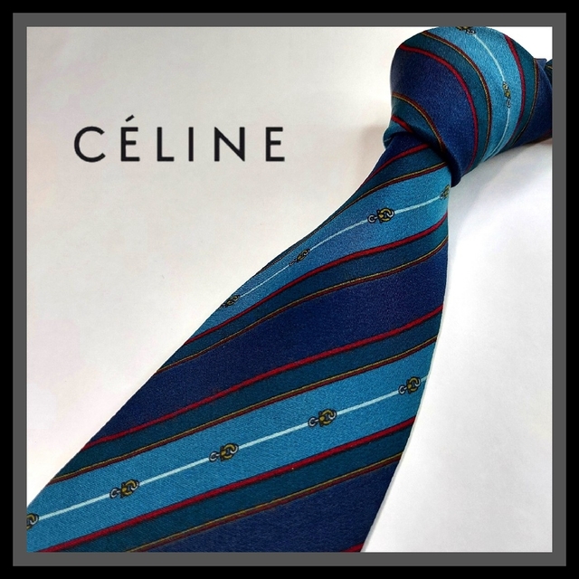 celine(セリーヌ)の68【CELINE】セリーヌ ネクタイ 紺×緑系×レジメンタルストライプ メンズのファッション小物(ネクタイ)の商品写真