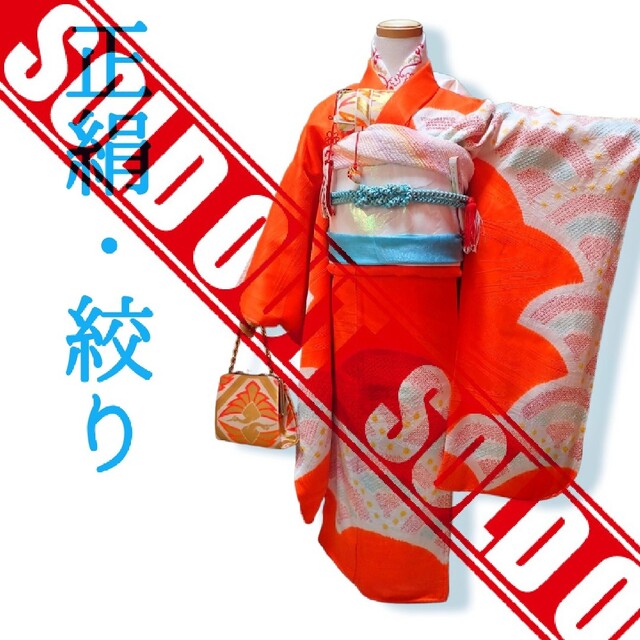 ★sold out★　7歳　レトロ正絹絞り朱色青海波　お着物フルセット