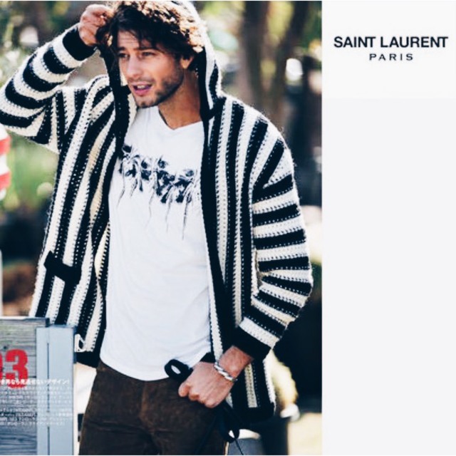 SAINT LAURENT PARIS ストライプフーデッドニットカーディガン-