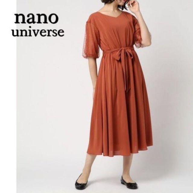 nano・universe(ナノユニバース)の透け感がかわいい水玉チュール袖♪　半袖ロングワンピース　 M　オレンジブラウン レディースのワンピース(ロングワンピース/マキシワンピース)の商品写真