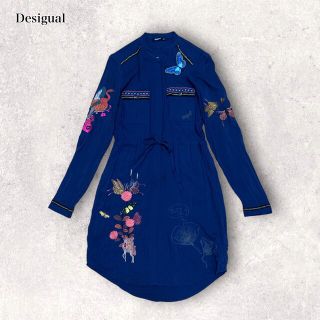 デシグアル(DESIGUAL)のデシグアル 刺繡 オリエンタルでエキゾチックなワンピース ドロスト ネイビー(ひざ丈ワンピース)