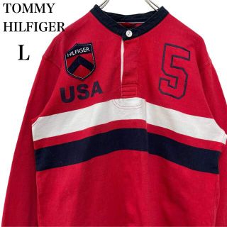 トミーヒルフィガー(TOMMY HILFIGER)のトミーヒルフィガー  ボーダー 長袖 ラガーシャツ 赤色 メンズL 刺繍ロゴ(ポロシャツ)