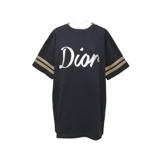 極美品 DIOR ディオール Tシャツ リラックスフィット コンパクトジャージー ストライプ ロゴ 47 コットン ブラック XS  43214 正規品約49cm着丈