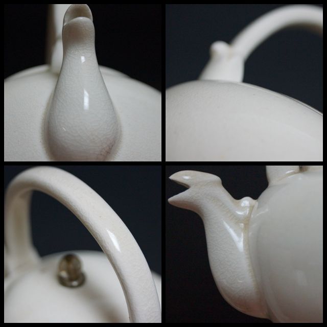 明治期 白泥獣口 提手式急須 高台水注 煎茶道具☆ 明治期 白泥獣口 提手式急須 高台水注 煎茶道具☆