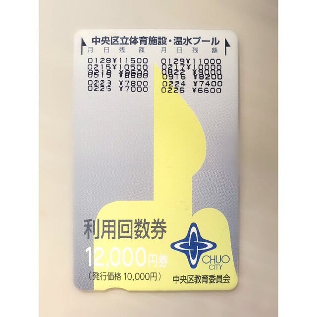 東京都 中央区立体育施設・温水プール 利用回数券 6600円分 チケットの施設利用券(フィットネスクラブ)の商品写真