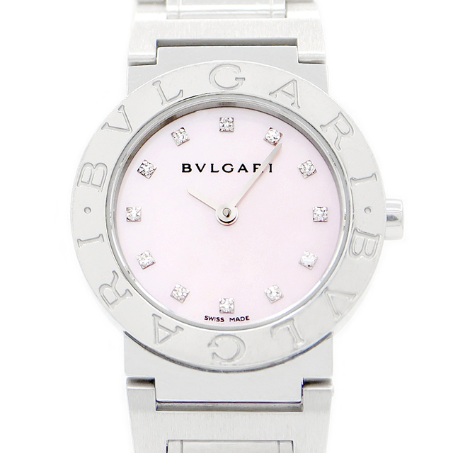 電池交換済 BVLGARI ブルガリ ブルガリブルガリ BB26SS 純正ダイヤモンド 12Pダイヤ ピンク シェル SS ステンレス レディース クォーツ【6ヶ月保証】【腕時計】細かな使用キズ綺麗な状態