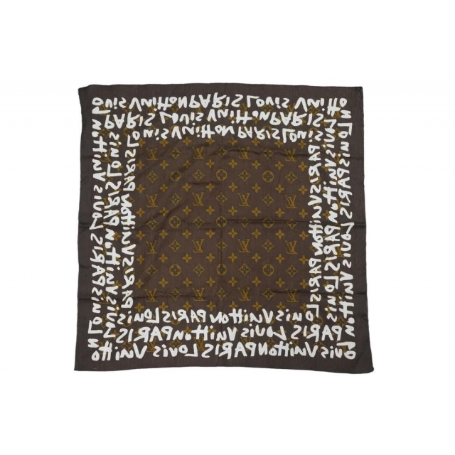LOUIS VUITTON - Louis Vuitton ルイヴィトン monogram graffiti scarf モノグラム グラフィティ スカーフ コットン ブラウン 美品 中古 43391