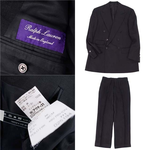 美品 ラルフローレン パープルレーベル RALPH LAUREN PURPLE LABEL セットアップ スーツ リネン ジャケット パンツ メンズ  C94-W82-T175(L相当) ブラック