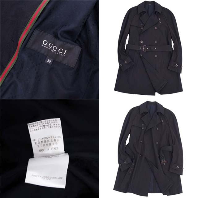 美品 グッチ GUCCI コート トレンチコート コットン ナイロン 無地 アウター メンズ イタリア製 50(L相当) ブラック