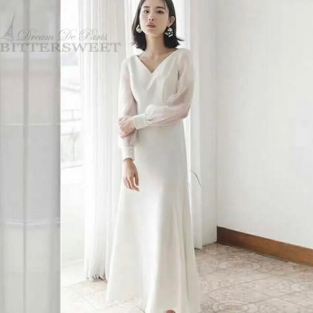 ウェディングドレス　シフォン　長袖　透け感　前撮り レディースのフォーマル/ドレス(ウェディングドレス)の商品写真