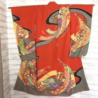 【七五三7歳】晴れ着・朱赤几帳・疋田絞り調＋長襦袢（刺繍半衿付き）(和服/着物)