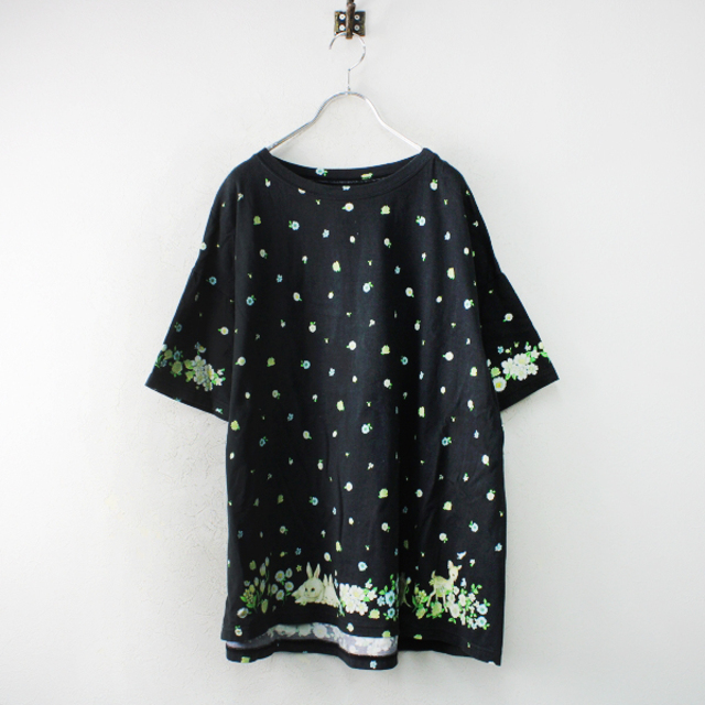 franche lippee(フランシュリッペ)のfranche lippee フランシュリッペ 花と動物柄Tシャツ チュニック M/ブラック【2400013044868】 レディースのトップス(Tシャツ(半袖/袖なし))の商品写真